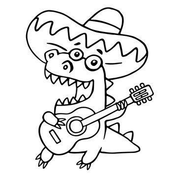 Mexican guitarist black and white dinosaur. Vector illustration.