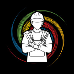 Engineer standing with hammer and pliers cartoon designed on spin wheel background graphic vector