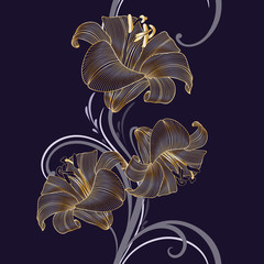 Golden seamless hand-drawing floral background with flower lily. Vector illustration.