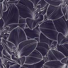Silver seamless hand-drawing floral background with flower amaryllis. Vector illustration.