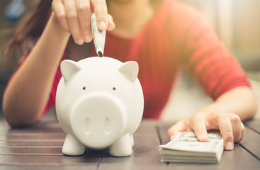 woman hand putting money bank note dollar into piggy for saving money wealth and financial concept.