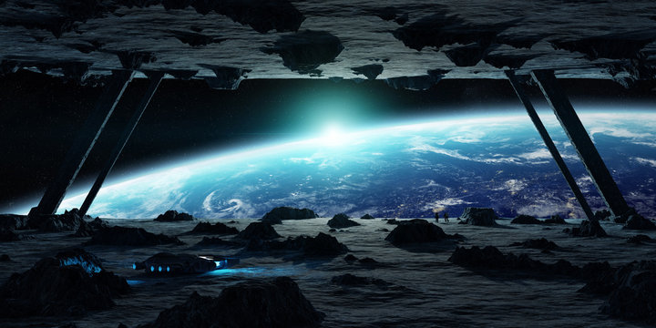 Astronauts exploring an asteroid spaceship 3D rendering elements of this image furnished by NASA