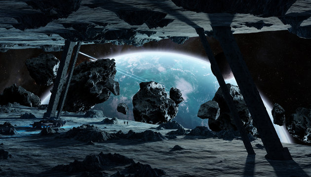 Astronauts exploring an asteroid spaceship 3D rendering elements of this image furnished by NASA