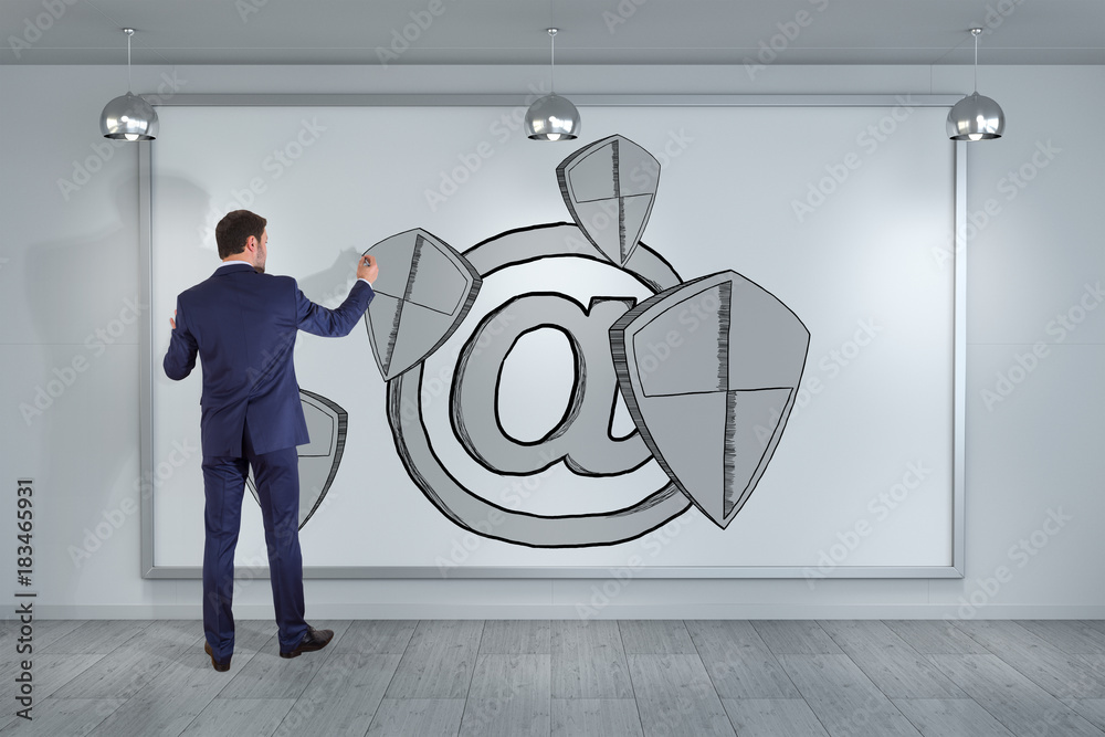Poster businessman drawing internet security interface sketch on a board 3d rendering