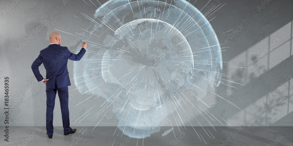 Poster businessman using digital planet earth interface on a wall 3d rendering