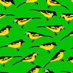 yellow birds on a bright green background. Seamless pattern