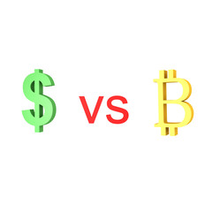 3D illustration showing dollar versus bitcoin