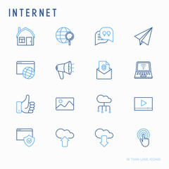 Internet thin line icons set: e-mail, chatm laptop, share, cloud computing, seo, download, upload, stream, global connection. Modern vector illustration.