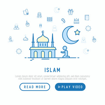 Islam concept with thin line icons: mosque, carpet, rosary, prayer, koran, moslem. Modern vector illustration, template for web page.
