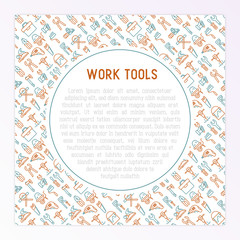 Work tools concept with thin line icons: puncher, drill, wrench, plane, toolbox, wheelbarrow, saw, pliers, sawing machine. Modern vector illustration of building equipment for web page or print media.