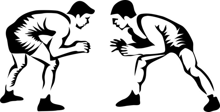 Wrestlers - stylized black and white vector illustration
