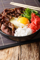 Beef with rice, egg and onion close-up in a bowl. vertical