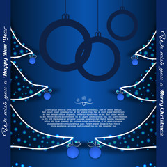Vector poster to Merry Christmas and Happy New Year with silhouette of Christmas trees, balls, text on the gradient blue background with shadow.