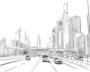 Obraz premium Dubai. Zjednoczone Emiraty Arabskie. Ręcznie rysowane szkic miasta. Ilustracji wektorowych.
