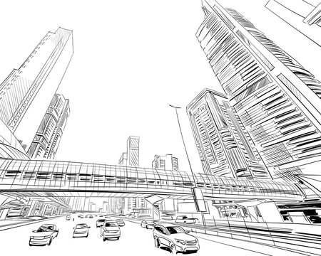 Dubai. United Arab Emirates. Hand drawn city sketch. Vector illustration.
