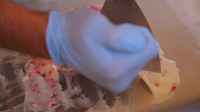 Stir-fried ice-cream from milk and fresh strawberry