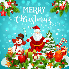 Christmas greeting card of snowman, Santa and gift
