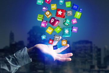 3D render Colorfull application cube displayed on a futuristic interface