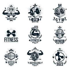 Obraz premium Set of vector bodybuilding theme emblems and advertising posters composed using dumbbells, barbells, kettle bells sport equipment and athlete perfect shapes.