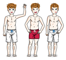 Cute little boys children standing wearing beach shorts. Vector kids illustrations set. Childhood and family lifestyle cartoons.