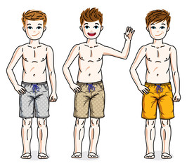 Pretty child boys standing in colorful stylish beach shorts. Vector set of beautiful kids illustrations.