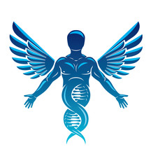 Vector illustration of strong male made as DNA symbol continuation and created with bird wings. Bioengineering and molecular genetics.