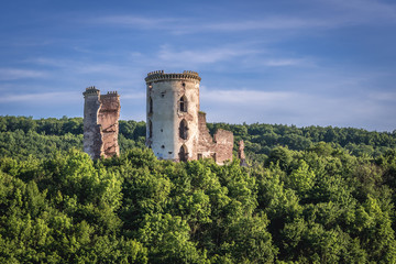 Obraz premium Abandoned ruins of Chervonohorod Castle over Dnister River Valley landscape park in Ukraine