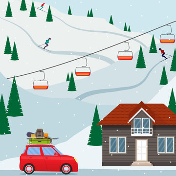 Ski resort snow mountain landscape, skiers on slopes, ski lifts, a house, a car with the ski equipment pulls up to the resort. Vector illustration in flat style.