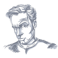 Vector drawing of suspicious man with short hair. Black and white portrait of attractive skeptic guy.