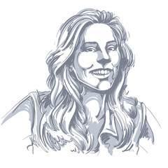 Monochrome vector hand-drawn image, happy smiling young woman. Black and white illustration of glad or jolly girl with beautiful long wavy hair.