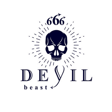 Vector black frightening dead head logo. Mystic infernal demon, evil Lucifer made with 666 numbers.