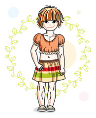 Little redhead girl toddler in fashionable casual clothes posing on green eco background. Vector illustration of kid standing.