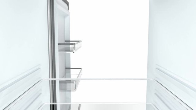 Opening and closing the door of an empty fridge, view from the inside
