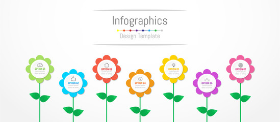 Infographic design elements for your business data with 7 options, parts, steps, timelines or processes, flowers concept. Vector Illustration.