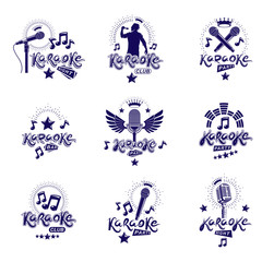 Collection of vector design elements which can be best used for karaoke theme symbols and leaflets composition. Musical karaoke performance flyer templates.