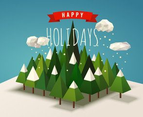 Holiday Card, winter geometric landscape with pines and snow