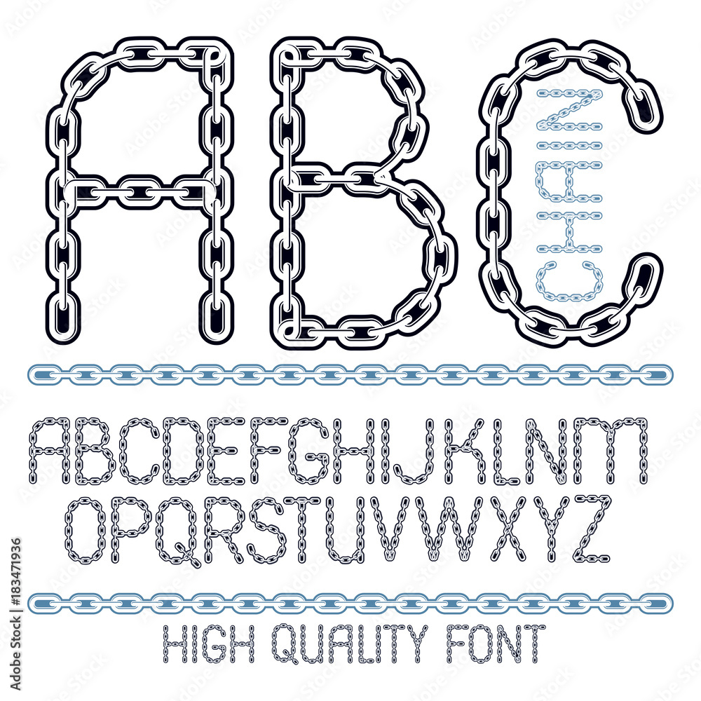 Poster vector script, modern alphabet letters, abc set. upper case decorative font created using metal conn