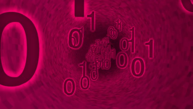 3D rendered animation of bits and bytes flowing through a data cable or tunnel.
