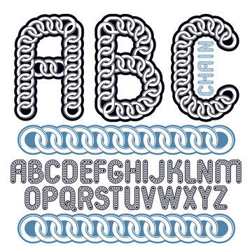 Vector type font, script from a to z. Capital decorative letters, abc created using chrome chain, linkage.