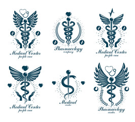 Set of vector Caduceus logotypes can be used in cardiology, rehabilitation and as medical clinic emblems.