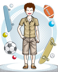 Cute happy young teen boy posing wearing fashionable casual clothes. Vector pretty nice human illustration. Fashion theme clipart.