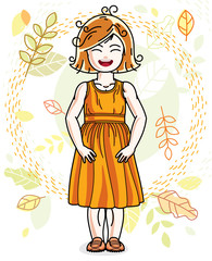 Sweet little redhead girl standing on background of autumn landscape and wearing stylish casual clothes. Vector kid illustration.