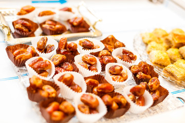 dates on the buffet table. Various things of arabian and oriental breakfast ingredients on an table