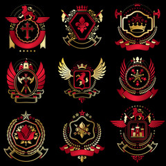 Collection of vector heraldic decorative coat of arms isolated on white and created using vintage design elements, monarch crowns, pentagonal stars, armory, wild animals.
