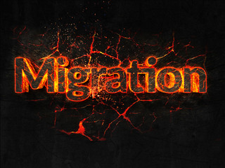 Migration Fire text flame burning hot lava explosion background.