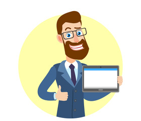 Hipster Businessman holding tablet PC and showing thumb up