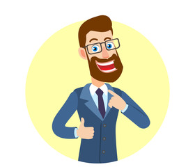 Hipster Businessman showing thumb up and pointing the finger at himself