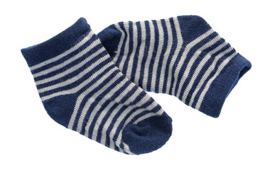 Top view of a pair of blue and white baby socks isolated on a white background.