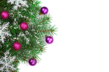 Christmas background with balls and decorations isolated on white with copy space for your text. Top view