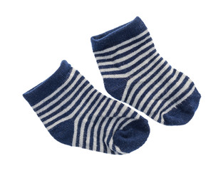 Top view of a pair of blue and white baby socks isolated on a white background.